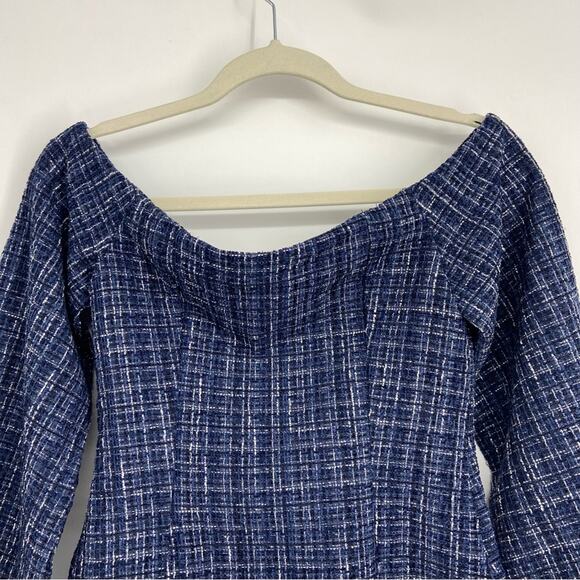 New Zara Blue Check Tweed Off the Shoulder Corset Style Peplum Top Size XS - Picture 9 of 13
